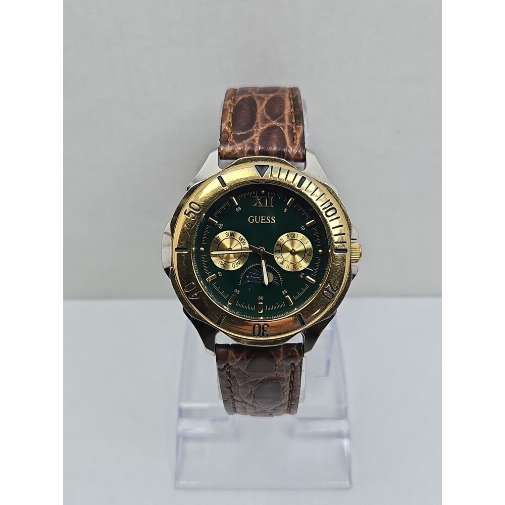 Vintage Guess 41mm Waterpro Moon Phase Day Date Green Mens Watch New Battery